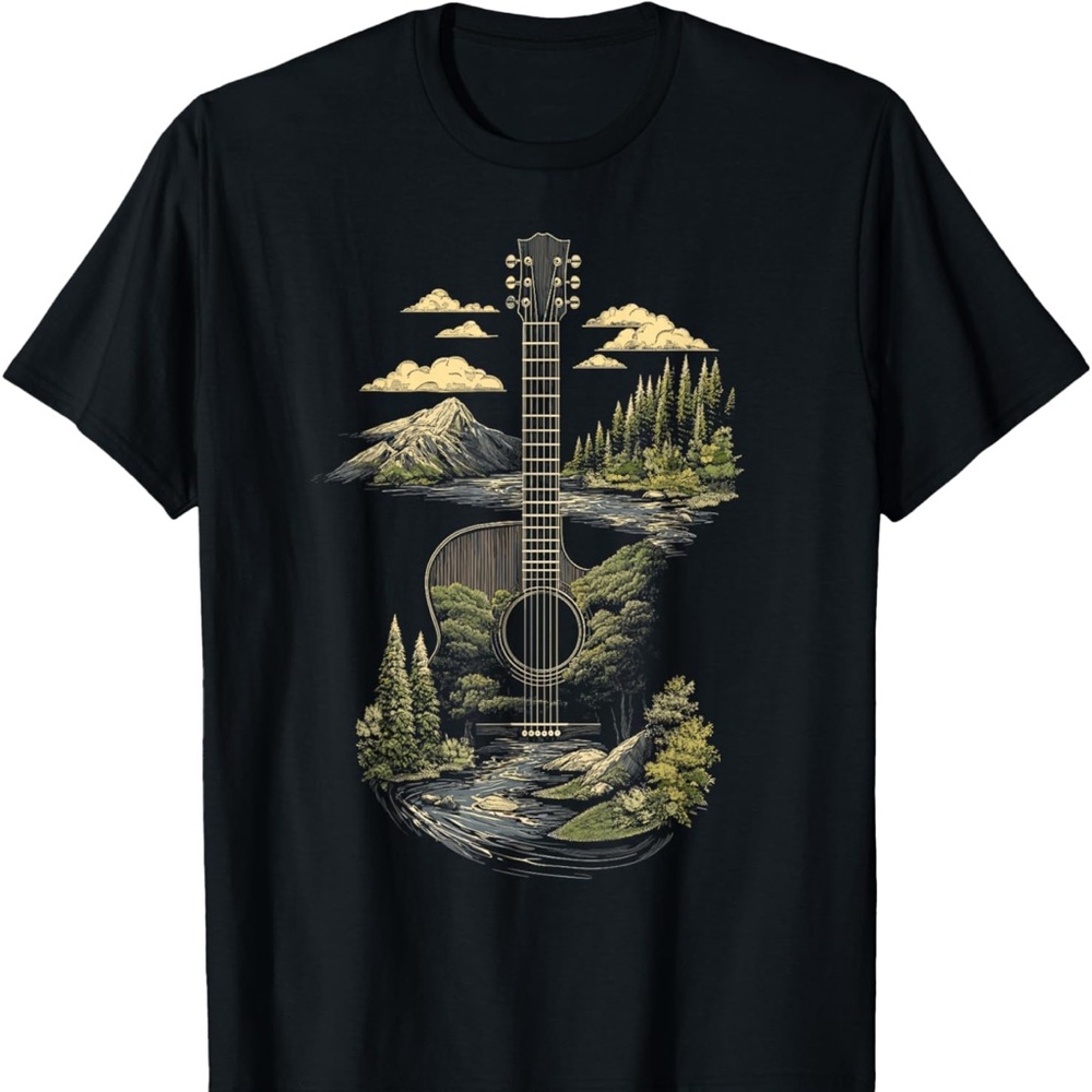 **NWOT** Black Graphic T-Shirt with Nature and Guitar Design Size 1X-Women's
